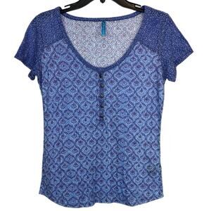 Kuhl Kortina Henley Shirt Womens Vista Blue Geo Print Semi Sheer Short Sleeve